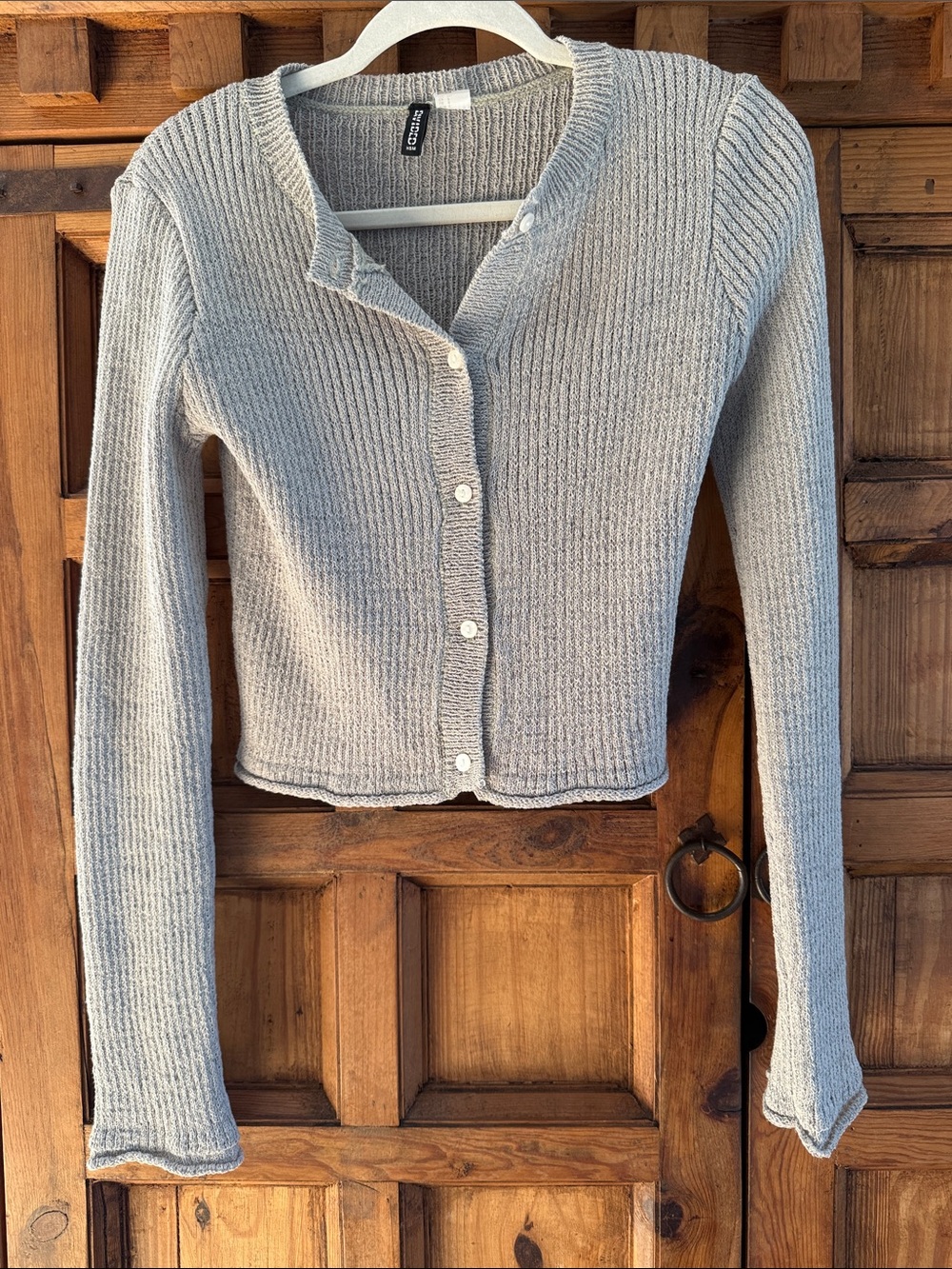 H&M Light Sage Green Ribbed Cropped Button-Front Cardigan